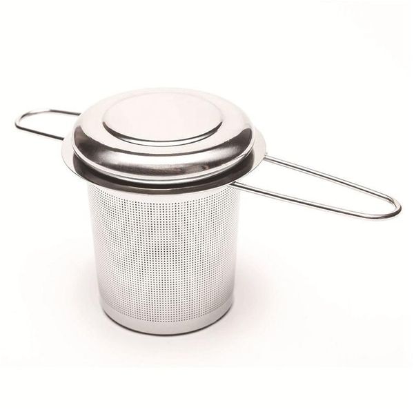 Infusori per tè Infusore pieghevole con doppi manici con coperchio Filtro per caffè a maglia fine in acciaio inossidabile Tazza per teiera appesa Colino per foglie sfuse Dhhh5