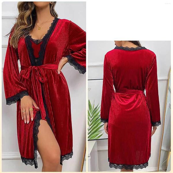 Ethnische Kleidung Sexy Dessous Satin Spitze Rot Kimono Intime Nachtwäsche Robe Nachtkleid Frauen Hochzeit Braut Unterwäsche Nachthemd