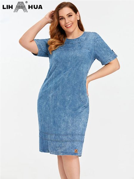 Abiti Lih Hua Abito in denim taglie forti da donna Abiti eleganti eleganti estivi per abito in cotone intrecciato con scollo rotondo da donna paffuta