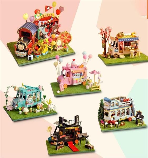 DIY Mini Car Shop Puppenhaus Zirkus Blume Kanto Kochset Zusammengebaute Miniatur mit Möbeln Puppenhaus Spielzeug für Kinder Mädchen 20122855066