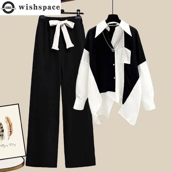Schwarz-Weiß-Patchwork-Chiffon-Staub, lässige Hose mit weitem Bein, zweiteiliges Set, elegante Damen-Sommer-Büro-Outfits 240306