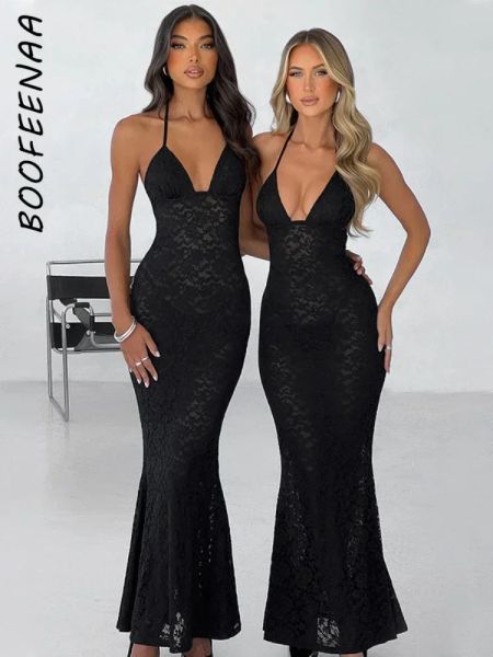 Платье BOOFEENAA, прозрачное кружевное сетчатое черное платье с цветочным принтом, сексуальное длинное платье макси с лямкой на шее и открытой спиной, вечерние платья для женщин 2023 C15BG19