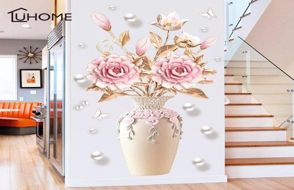 Kreative Pfingstrose Blumen Vase Wandaufkleber für Wohnzimmer Schlafzimmer Aufkleber 3D Wandaufkleber Abnehmbare Dekoration Malerei Decor9042584