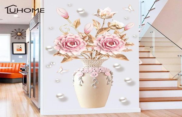 Creativo Peonia Fiori Vaso Adesivo da parete per soggiorno Camera da letto Decalcomania 3D Adesivi murali Decorazione rimovibile Pittura Decor9042584