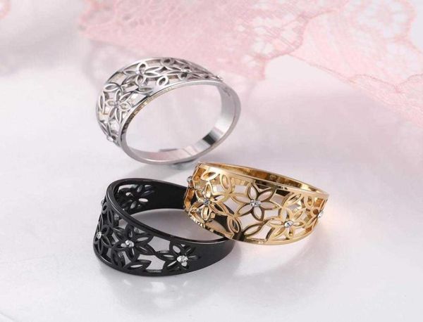 Teamer Damen-Fingerring mit eleganter Blume, Zirkon, Edelstahl, Schwarz, lässig, Verlobungsringe, Schmuck, Geschenk für Freund, Liebhaber, Q07082540824