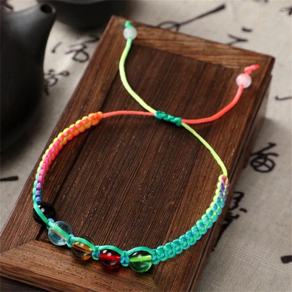 Bracciale in corda intrecciata a mano multicolore in stile cinese con perle di vetro in 5 colori per accessori di gioielli da spiaggia estivi da donna