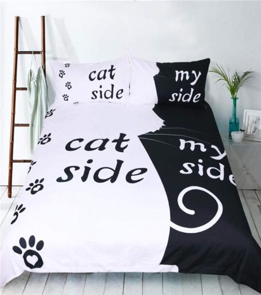 Novo estilo preto e branco conjunto de capa de edredão criativo dogcat lado com meu lado capa de edredão fronha casal conjunto de cama lj2010158166246