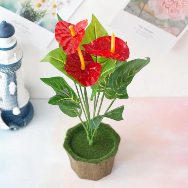 Fiori decorativi 34 cm 12 teste Anthurium artificiale Foglie verdi rosse Piante finte Natale Halloween Home Living Room Decor Fiore fai da te