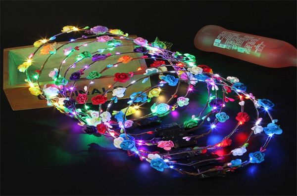 LED lampeggiante Glow Rose Crown Fasce per capelli Luci Party Rave Floral Hair Ghirlanda Corona Wedding Flower Girl Copricapo Decor5584268