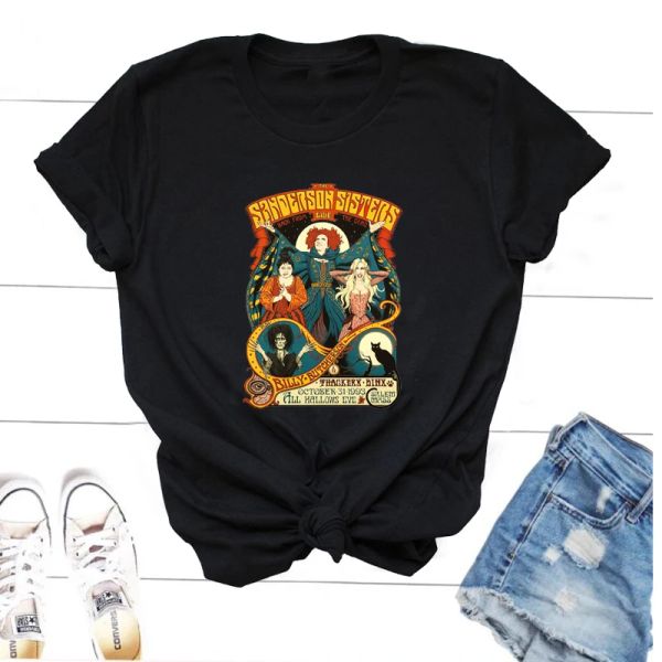 Футболка винтажная футболка Sanderson Sisters винтажная с коротким рукавом Хэллоуин сублимационная футболка с принтом ведьмы и кота женская одежда