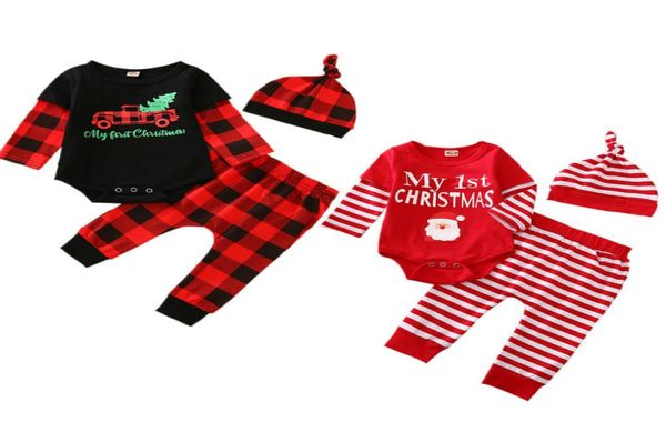 012M Infant Neugeborenes Baby Junge Mädchen Streifen Plaid Weihnachten Outfits Patchwork Hülse Brief Strampler Elastische Taille Hosen Set1930847