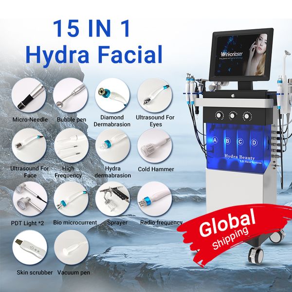 Новейший 15 в 1 увлажняющий аппарат для лица, интеллектуальный Ice Blue RF Hydra, кислородный водный пилинг, косметический аппарат для лица с анализом кожи