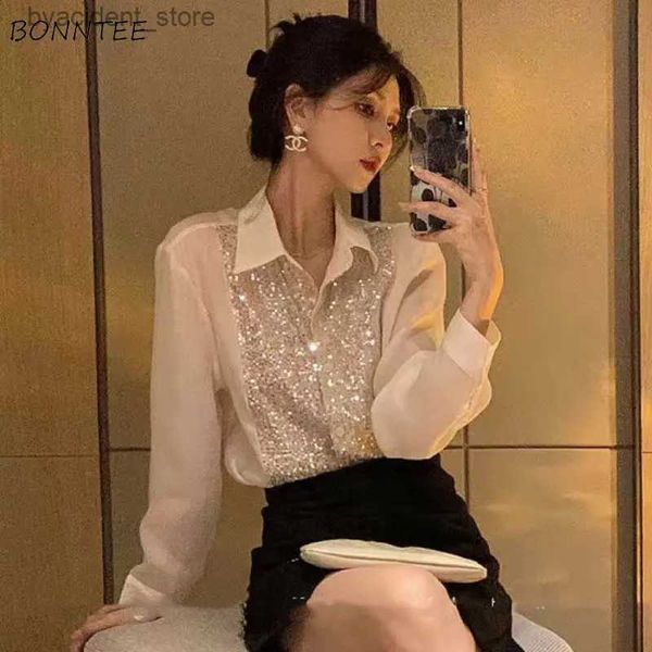 Camicie casual da uomo Camicie da donna Design chic Paillettes Nuova primavera Office Lady Daily Thin Camisa Protezione solare 2023 Abbigliamento moda coreana Risvolto All-match L240306