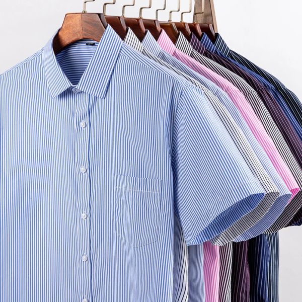 Kurzarm Männer Kleid Shirts 2023 Sommer Neue Solide Plain Gestreiften Hemd Männlich Twill Business Regelmäßige Fit Übergroßen Tops
