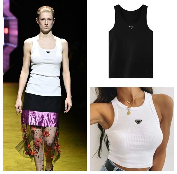 Estate Donna Top T-shirt Crop Top Ricamo Spalla sexy Canotta nera Canotta casual senza maniche Backless Top Camicie Designer di lusso Gilet solido Jersey di cotone Bianco