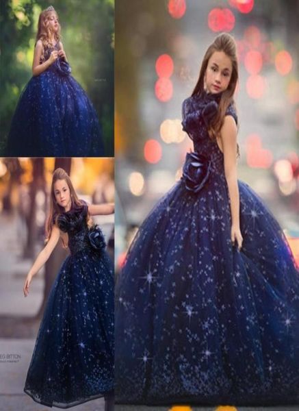 Luxo azul real meninas pageant vestidos 2019 princesa vestido de baile tripulação pescoço com grandes lantejoulas babados crianças formal flor meninas dresse4327055