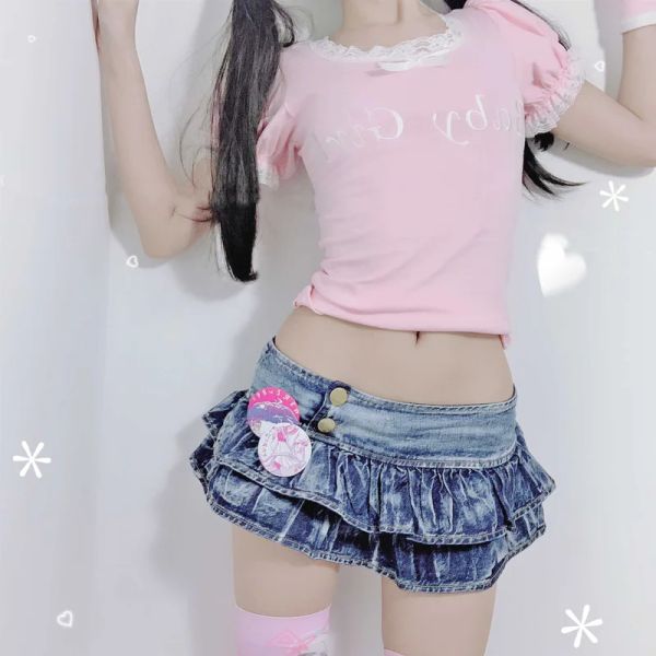 rock Japanische Mädchen Plissee Super Mini Denim Röcke Niedrige Taille A Linie Knospe Rock Solide Nachtclub Party Tragen Rock Punk stil Lolita Neue