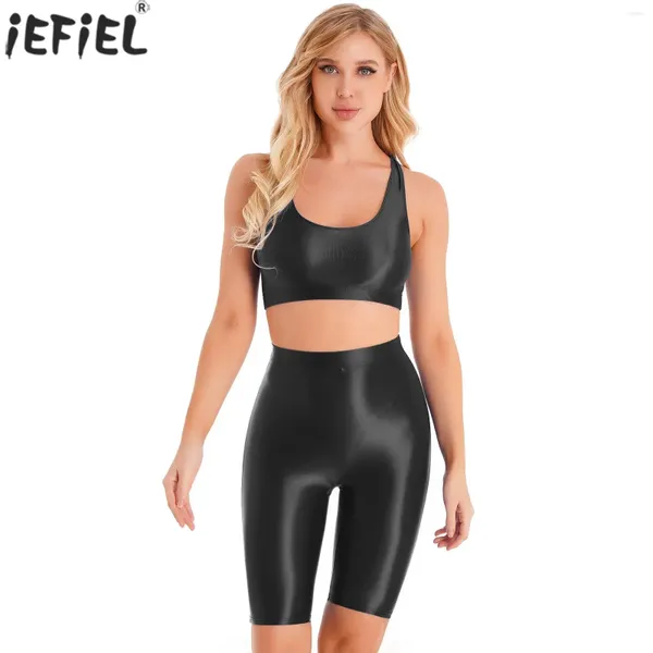 BHs Sets Damen Zweiteiliges Outfit Workout Sportbekleidung Glänzend U-Ausschnitt Ärmellos Gym Sport Crop Tank Top Hohe Taille Shorts Sexy Dessous Set