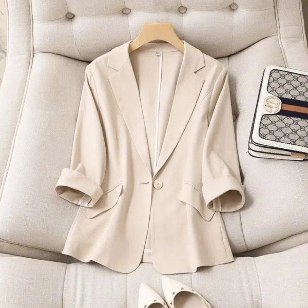 Блейзеры Костюм Блейзер Базовый хлопковый льняной три четверти на одной пуговице Женская куртка Лето 2023 Корейская мода Повседневные короткие куртки Пальто