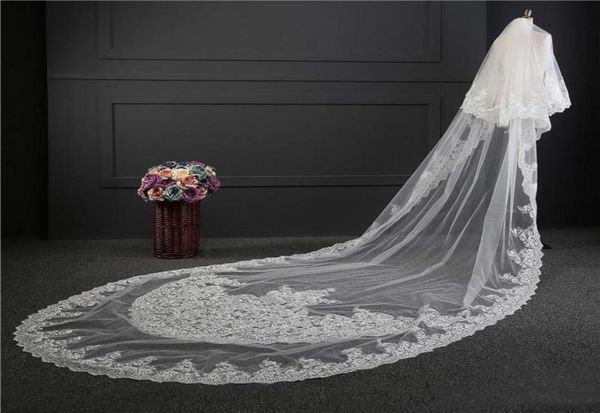 2017 Özel Yapımı Düğün Peçe Gerçek Resim Çarpıcı İki Katman Beyaz Fildişi 3 Metre Uzun Dantel Aplike Tül Katedral Gelin Dörümleri4846030