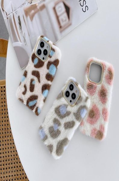 Leopardo impressão fofo pelúcia inverno casos quentes para iphone 13 pro max 12 11 xs xr x 8 7 plus se pele macia telefone cover6059018