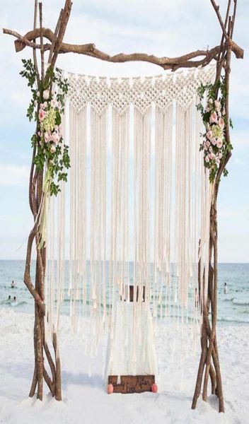 Boho decorações para festa de casamento po cabine pano de fundo algodão corda macrame parede pendurado boêmio praia borla cortina 115x100 cm5596101
