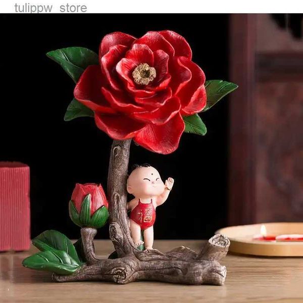 Oggetti decorativi Figurine Stile cinese Resina Bambini Statua Peonia Fiore artificiale Artigianato Arredamento Cartoni animati Camera dei bambini Decorazione della casa