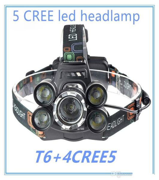 Markendesigner 5 LED-Scheinwerfer 15000 Lumen T6-Stirnlampe Hochleistungs-LED-Scheinwerfer + 2 Stück 18650-Akku + Ladegerät + Autoladegerät 4271014