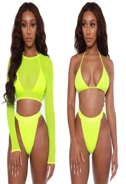 Neongelbes Crop-Top-Badebekleidung für Damen, Sommer, sexy Strandmode, Netz-Langarm-Vertuschungen, dreiteiliges Badeanzug-Bikini-Set 2202262877254