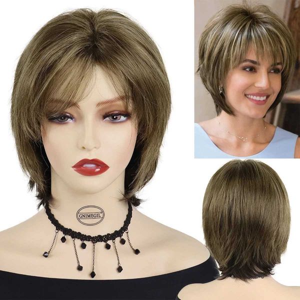 Perucas de cabelo sintético natural curto pixie corte peruca para mulheres em linha reta corte de cabelo loiro com franja festa de halloween casual 240306