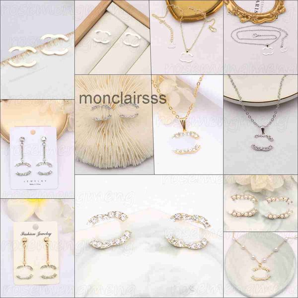 Schmucksets Markendesigner Brief Ohrstecker Ohrringe Halskette 18 Karat vergoldet Inlay Perle Diamant Geometrische Anhänger Halsketten Kette Frauen Hochzeit Acc