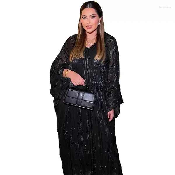 Müslüman Kadınlar İçin Abaya Elbisesi Kaftan Dubai Lüks Parlak Kumaş Batwing Batwing Sleeve Akşam Mütevazı 2 Parça Setleri