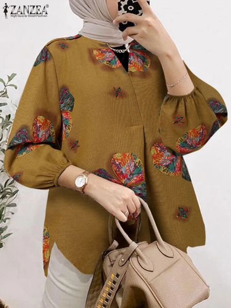 Tops Zanzea Frauen gegen Nacken 3/4 Ärmeln Blumen bedruckte Bluse Spring Vintage Muslim Shirt Casual Islamic Clothing Bohemian Holiday Tops