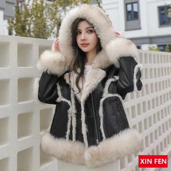 Jaquetas de inverno de pele para mulheres 2023 naturalmente real forro de pele de coelho pescoço de pele de carneiro com capuz quente jaquetas de couro curto casaco de luxo
