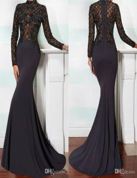 Elegante sereia mãe da noiva vestidos de alta pescoço manga longa renda apliques contas pretas cristais capela trem vestidos de noite 6096712