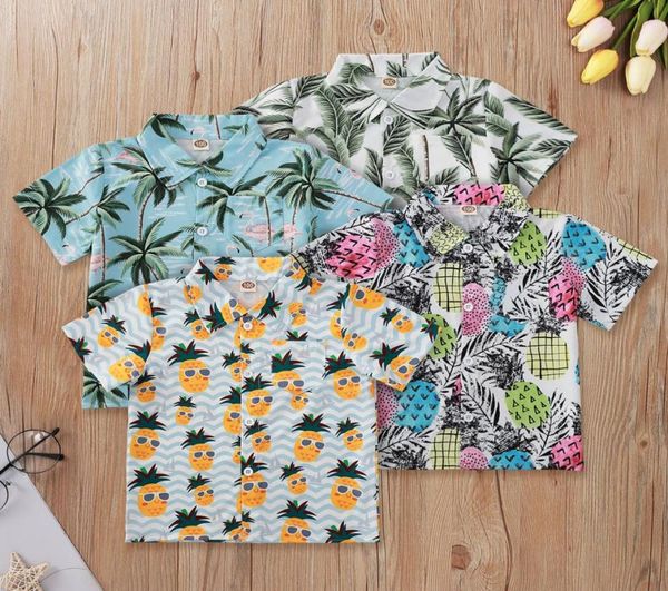 T-Shirt für Jungen, Sommer, tropisches Böhmen, kurzärmelig, mit Palmen und Ananas, bedruckt, Hemd mit Kinderkragen und Knopf 4259928