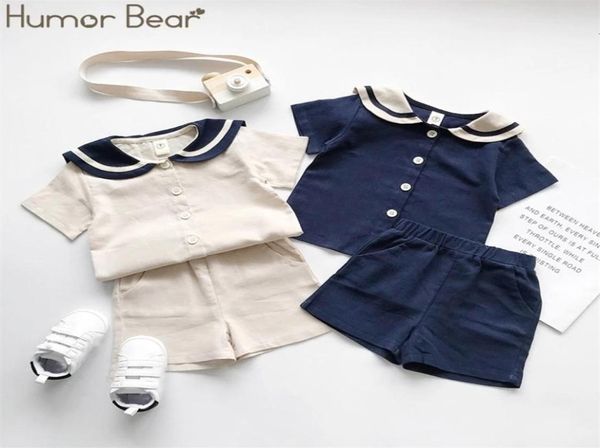 Humor Bear в японском и корейском стиле военно-морского флота, детская хлопковая льняная футболка с матросским воротником, брюки, комплекты летней одежды из 2 предметов, костюм для мальчиков и девочек 28120182