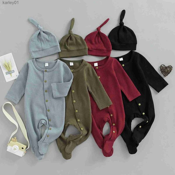 Footies neonato Neonato Bambina maschietto Solid Footies Set girocollo manica lunga abbottonatura piedi a costine tuta avvolgente + cappello YQ240306