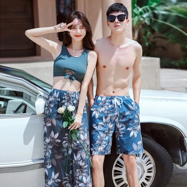 Roupa de banho 2021 verão novo casal maiô floral impressão sexy colheita superior calças femininas conjunto de 2 peças à beira-mar praia wear masculino troncos de natação