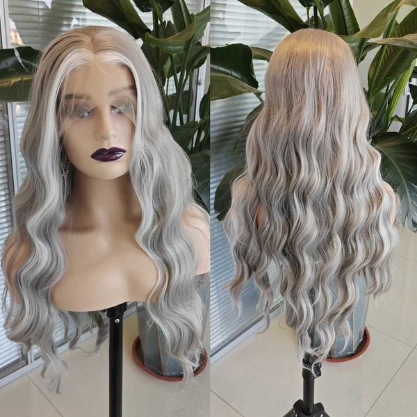 Haarperücken Highlight Grau Lose Welle Synthetische Lace Front Perücke Natürlicher Haaransatz Körper Wellig Klebelose Faserperücken Tägliches Make-up verwenden Perücke 240306