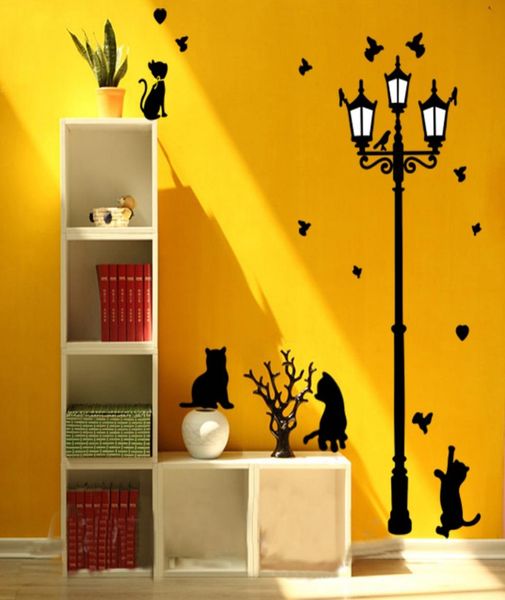 Yaramaz kara kediler kuşlar ve vintage sokak ışık lambası diy duvar çıkartmaları ev dekorasyon oturma odası çocuk odası duvar sticker127098