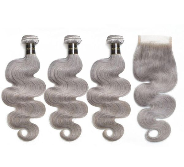 Silbergraue brasilianische Jungfrau-Haarbündel mit Spitzenverschluss, 8A graue Echthaarverlängerungen, gewellt, gewellt, mit Spitzenverschluss2575940