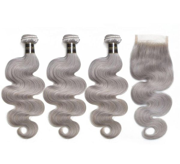 Fasci di capelli vergini brasiliani grigio argento con chiusura in pizzo 8A estensioni dei capelli umani grigi onda del corpo ondulati con chiusura in pizzo2575940