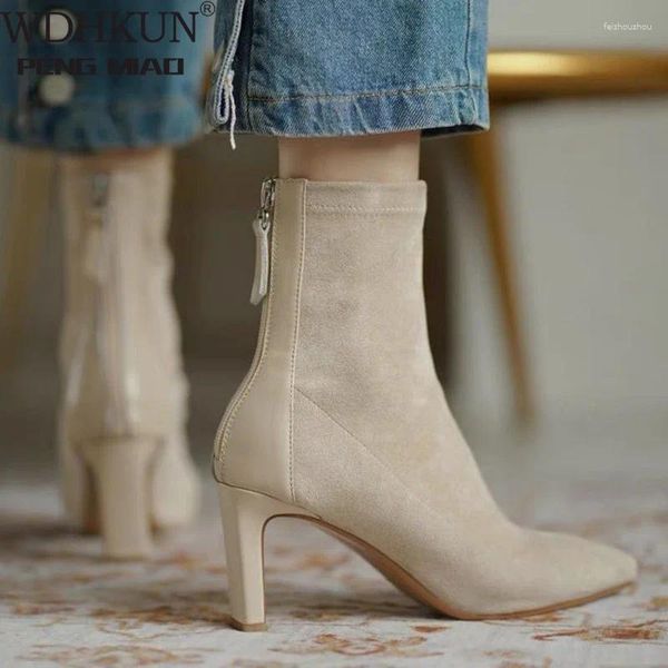 Женские ботинки на высоком каблуке 2024, корейский стиль, осенне-зимние женские эластичные носки средней длины с острым носком