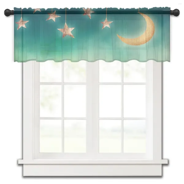 Cortina lua estrelas noite curta transparente janela tule cortinas para cozinha quarto decoração de casa pequena voile