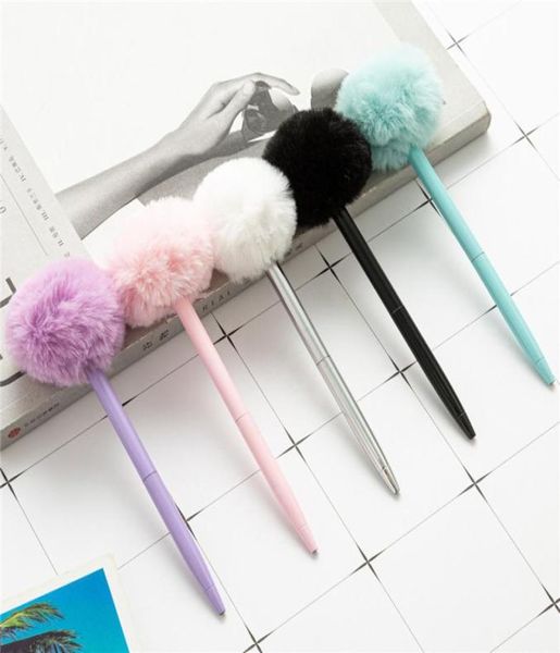 Bonito menina feminina pele sintética pom pom caneta esferográfica caneta de tinta preta presente festa escola escritório trabalho escrita gift4885963