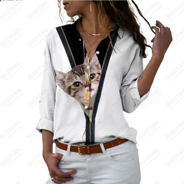 Hemd Frühling 2023 Damen Langarmshirt Niedliche Katze Reißverschluss Aufdruck Damen Lose Polo Cardigan Strand Lässig Sujuku Stil Hemd Elegant