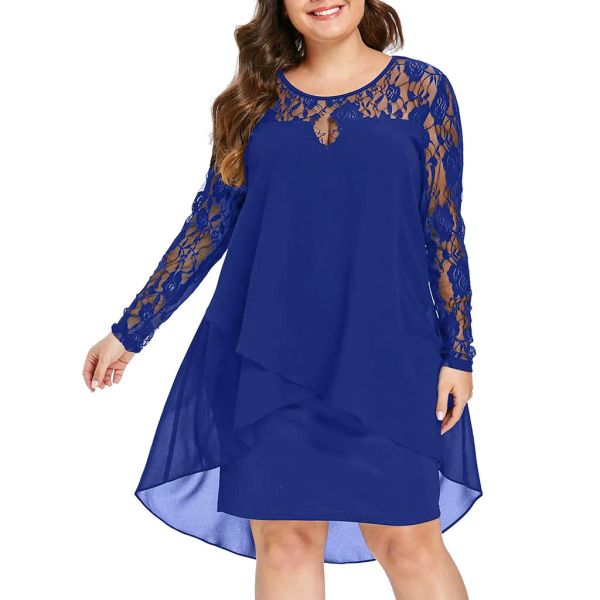 Vestidos de vestido feminino venda quente manga de renda alta baixa bainha oneck swing vestido para gordura mm senhora elegante vestidos diários