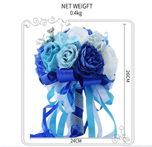 Blaue Satin-Hochzeitshandblumen Weitere Accessoires Rose Brautstrauß Dekoration Künstliche Brautjungfer mit Brosche Flower1054830