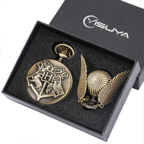 Set di orologi da tasca al quarzo antichi vintage in bronzo con design a forma di ali di sfera, orologi da tasca, collana, ciondolo, catena di orologi, set di scatole regalo 240220